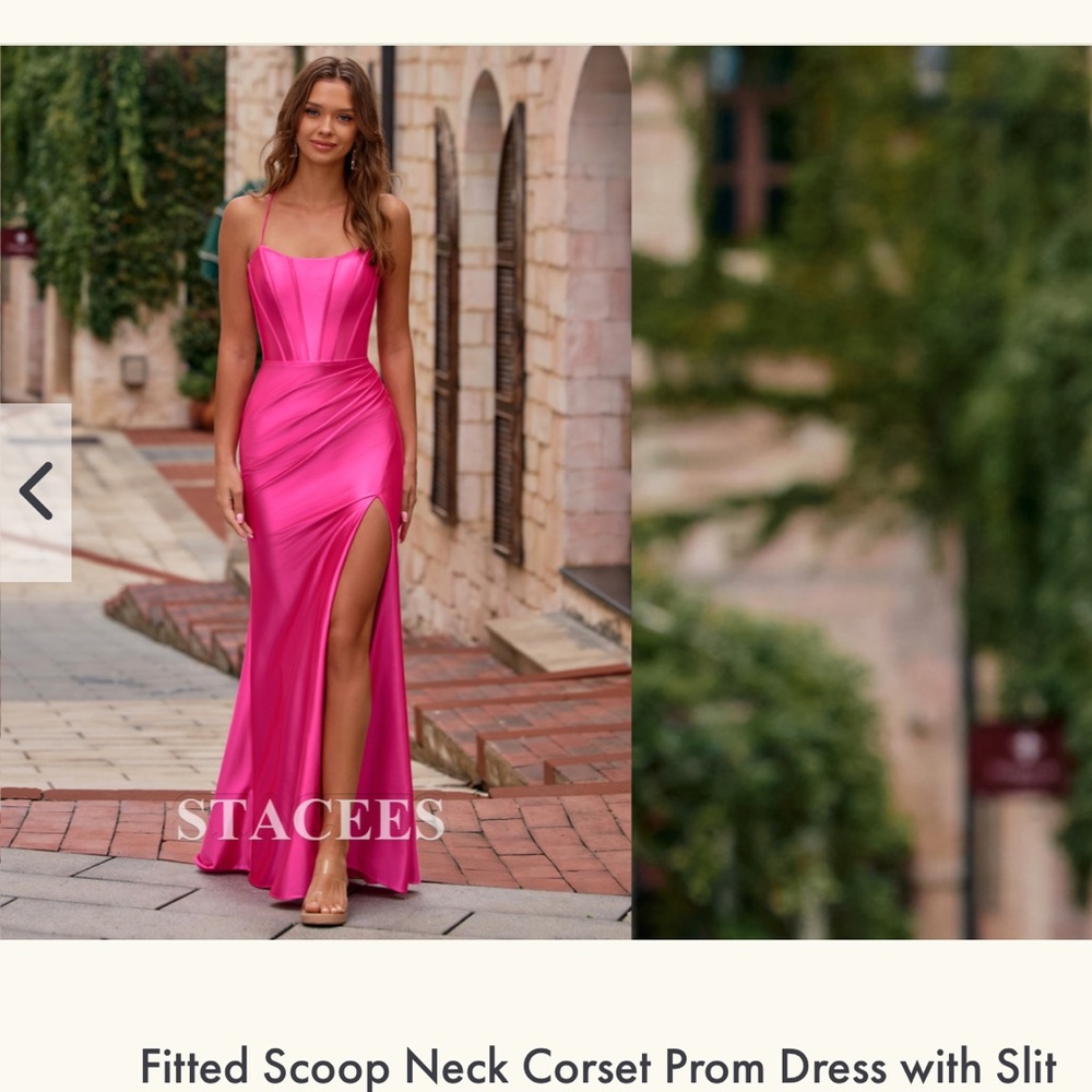 Stacees Hot Pink Satin Scoop Neck Corset Prom Dress with Thigh Slit